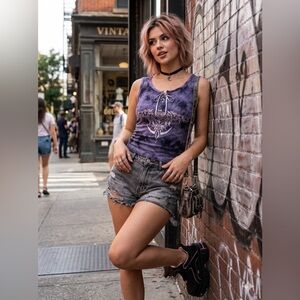 Vintage 90’s Lapis Women's Tie-Dye Lace-Up Tank - Purple and Black